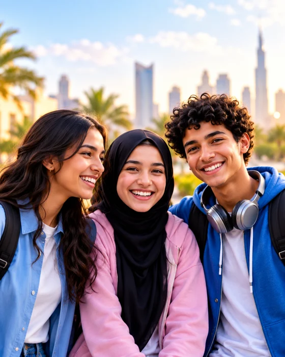 ثلاثة أصدقاء مبتسمين معًا