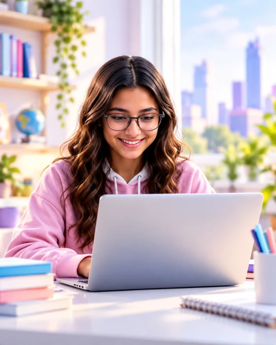 طالبة تتعلم على اللابتوب