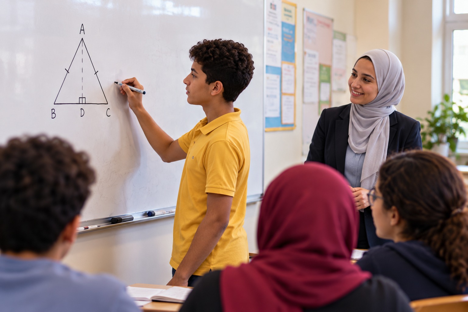 طالب يحل مسألة هندسة مع معلمته