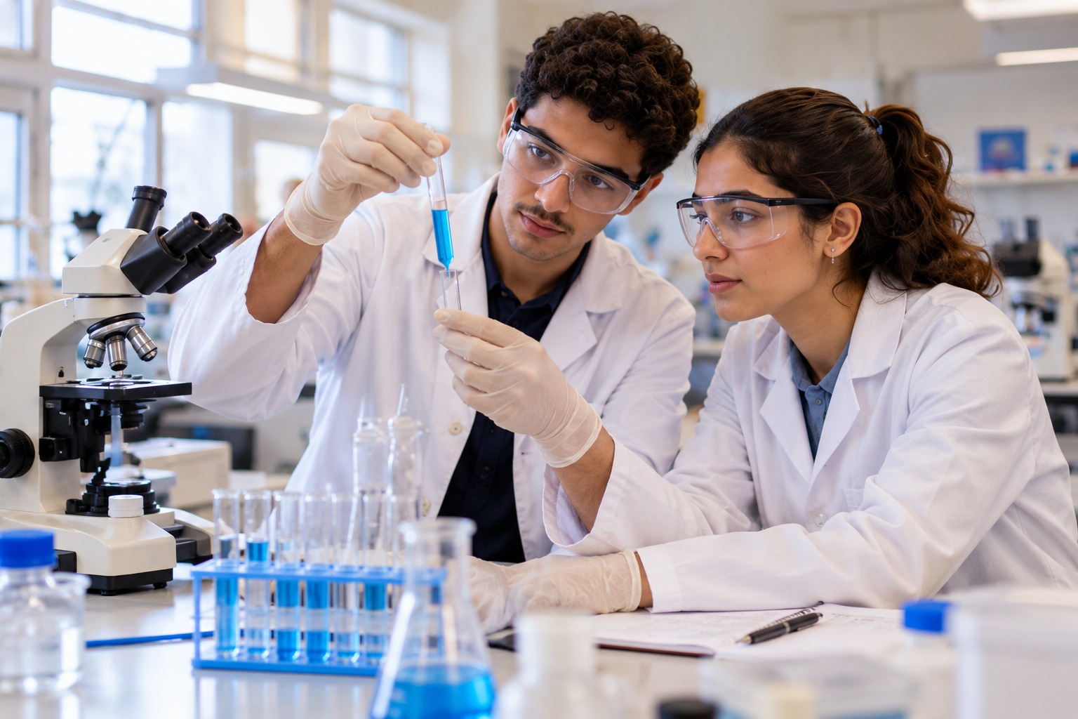 طلاب جامعة يجرون تجربة كيميائية