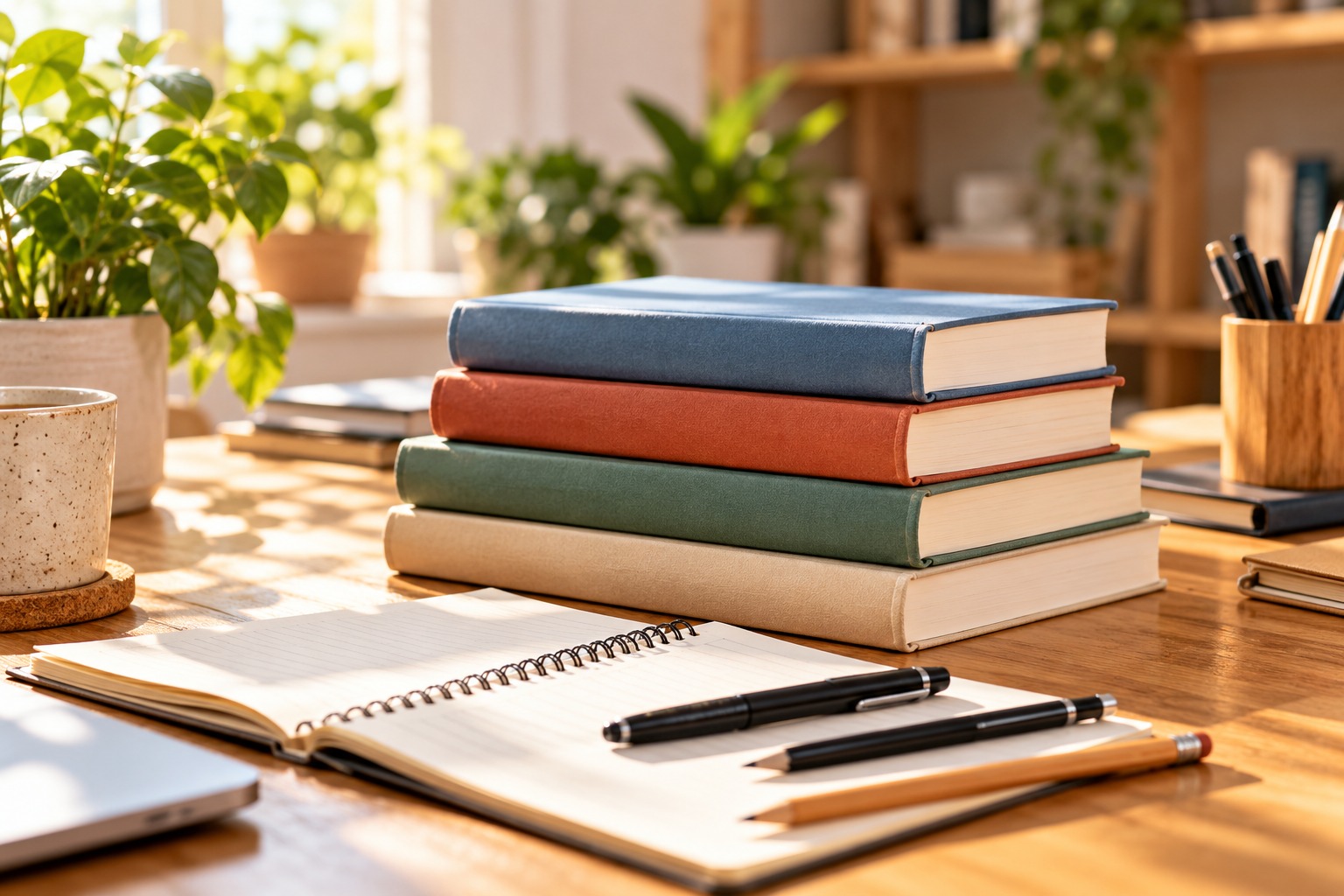 كتب وكراسات وأقلام مرتبة على مكتب خشبي
