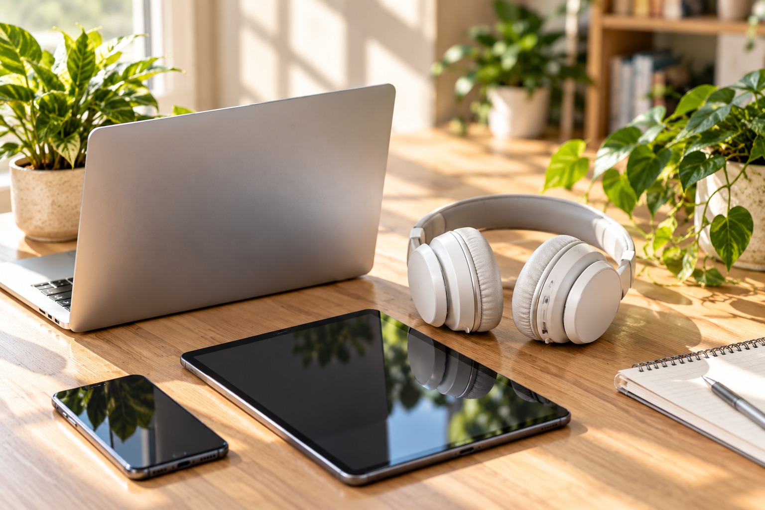 لابتوب وتابلت وهاتف وسماعات رأس على مكتب