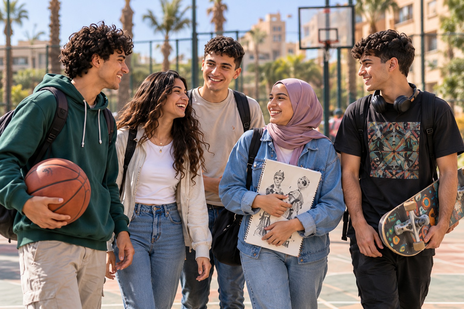 أصدقاء يشاركون اهتماماتهم في ملعب كرة السلة