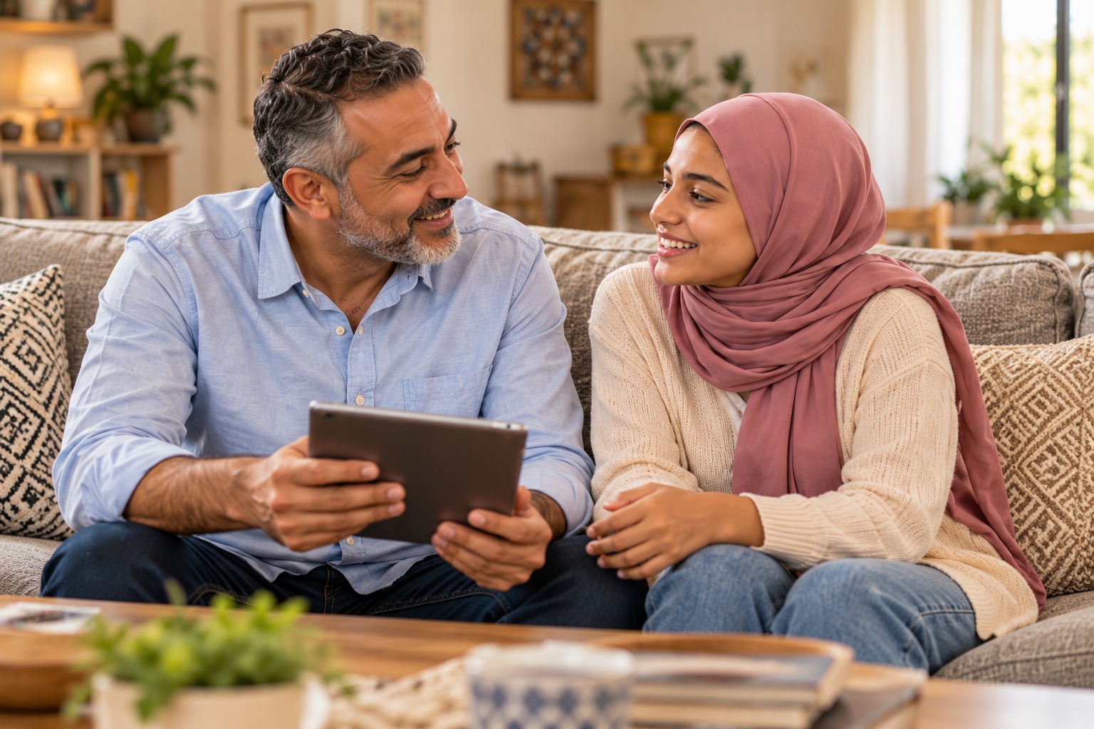 أب وابنته يتحدثان أثناء استخدام جهاز لوحي